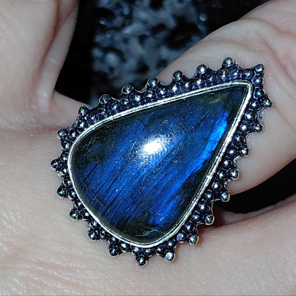 Flash Labradorite Teardrop Ring Size 6.5 - Picture 3 of 10